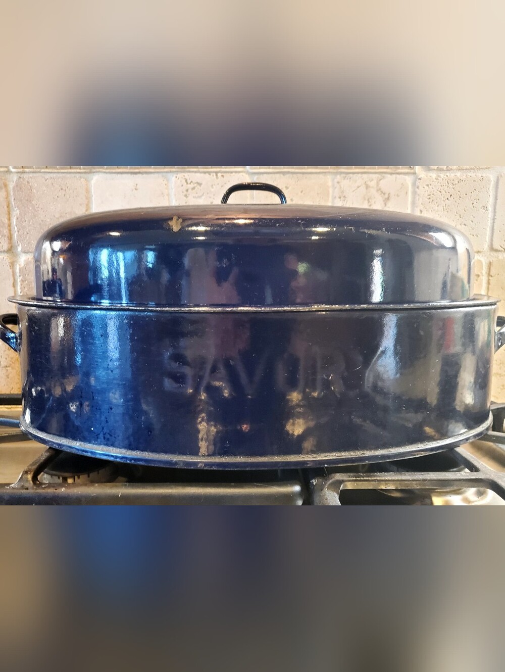 Vtg Large SAVORY Blue Double Wall Roasting Pan 11X17 Enamel Roaster w/Lid